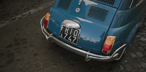 vintage wedding car rome blue fiat 500